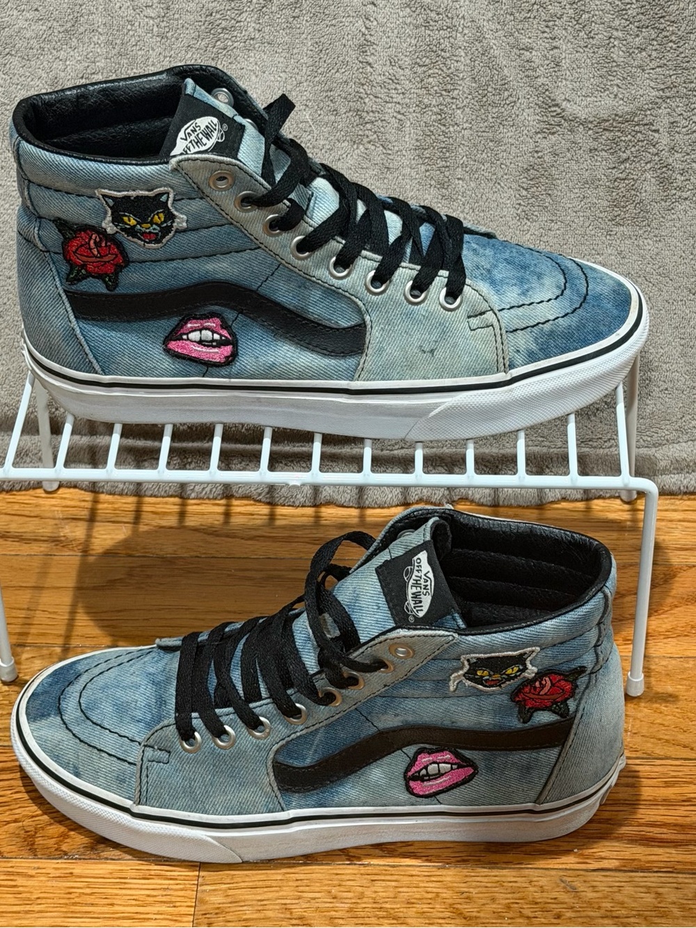 Vans Sk8-Hi Denim Patchwork Hi Womens 7.5 Blue Athletic Skate Shoes Sneakers